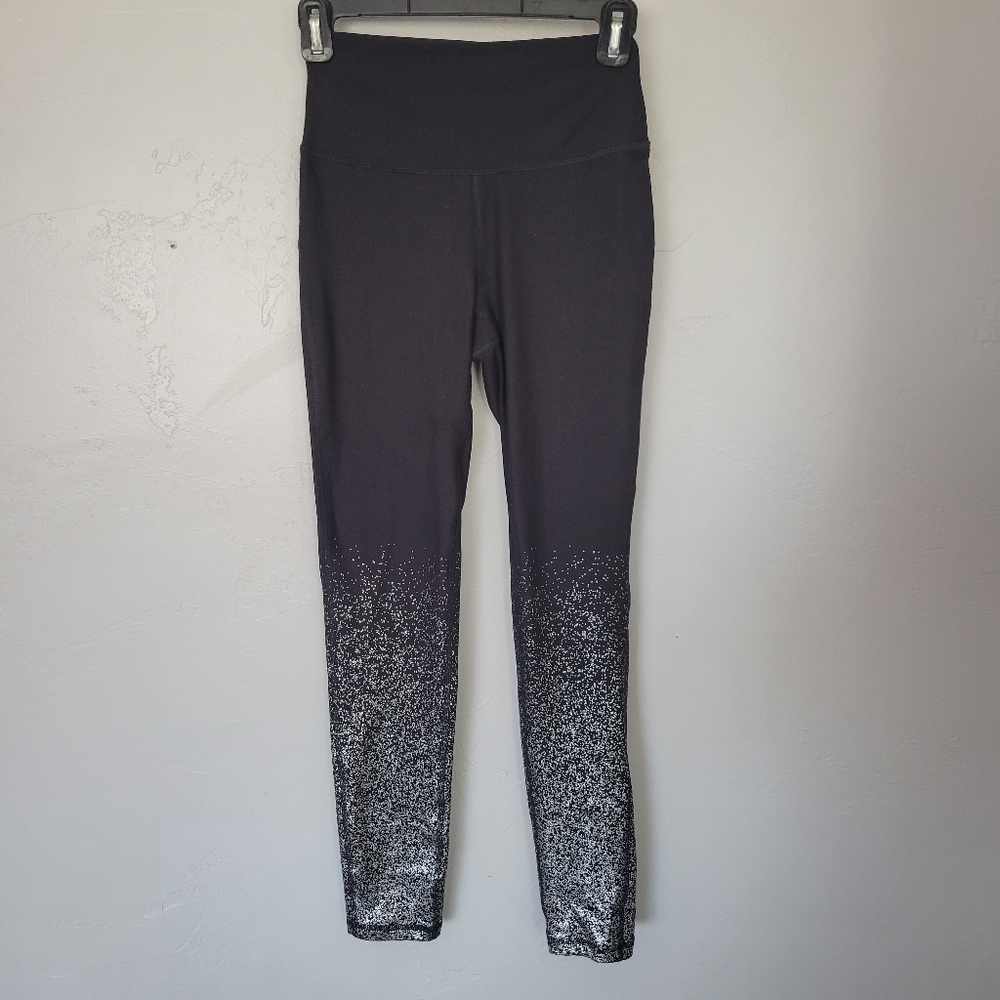 Mono B Womens Small Full Length Leggings Black Silver Athletic Active Athleisure